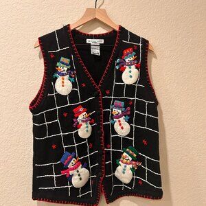 Christmas Knit Sweater Vest Embroidered Snowmen Victoria Jones Size L Vintage